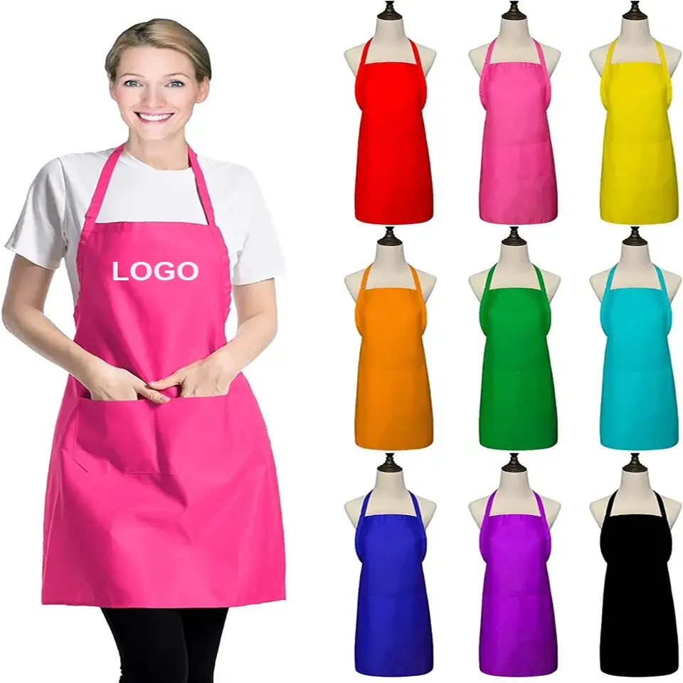 Adjustable Cheap Wholesale Polyester Women Custom Logo Baking Chefs Restaurant Kitchen Aprons with Two Pockets