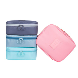 Bolsa de Cosméticos Pequeña Cuadrada Portátil, Organizador de Maquillaje de Viaje con Compartimentos, Patrón de Rayas Rosa y Azul - Product Image 3