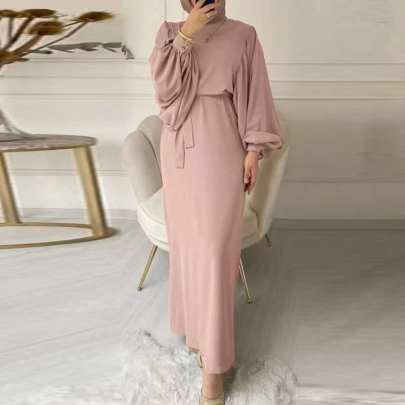 XF189 Muslim Southeast Asian Fashion Lantern Sleeve Belted Slim-fit Round  Neck Long Sleeve Women's Dress| Alibaba.com