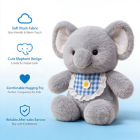 Peluche Éléphant Gris Adorable, Animal en Peluche Personnalisé avec Bavoir à Carreaux Bleus, Vente en Gros, Jouet en Peluche pour Bébé et Enfants, Fabricant d'Éléphants en Peluche Personnalisés