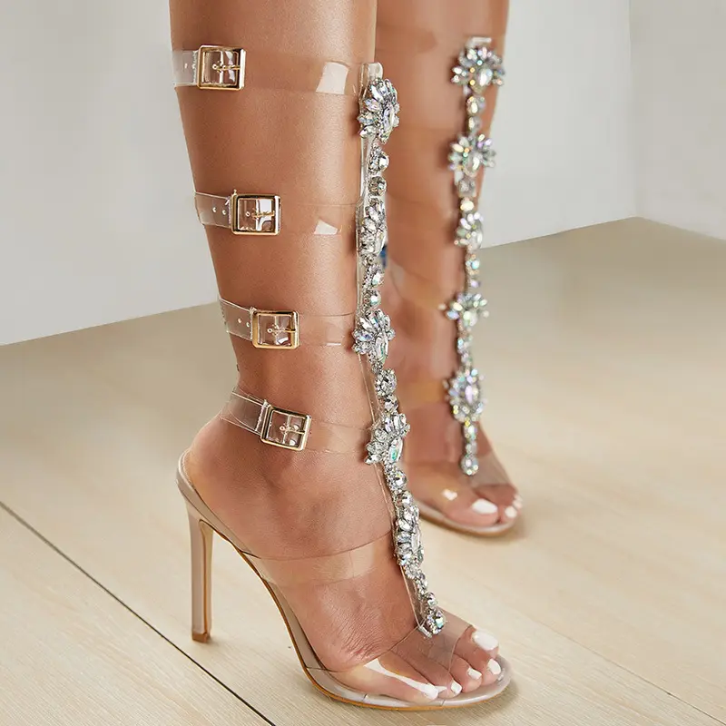 Summer Femme Sexy High Quality Pvc Open Toe Clear Boot Heels Luxury Rhinestone Heels Gladiator Sandals Women