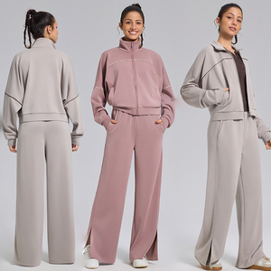 Ensemble de survêtement décontracté pour femmes, veste zippée en modal à couche d'air et pantalon large fendu, idéal pour l'entraînement en extérieur et le yoga - Product Image 2