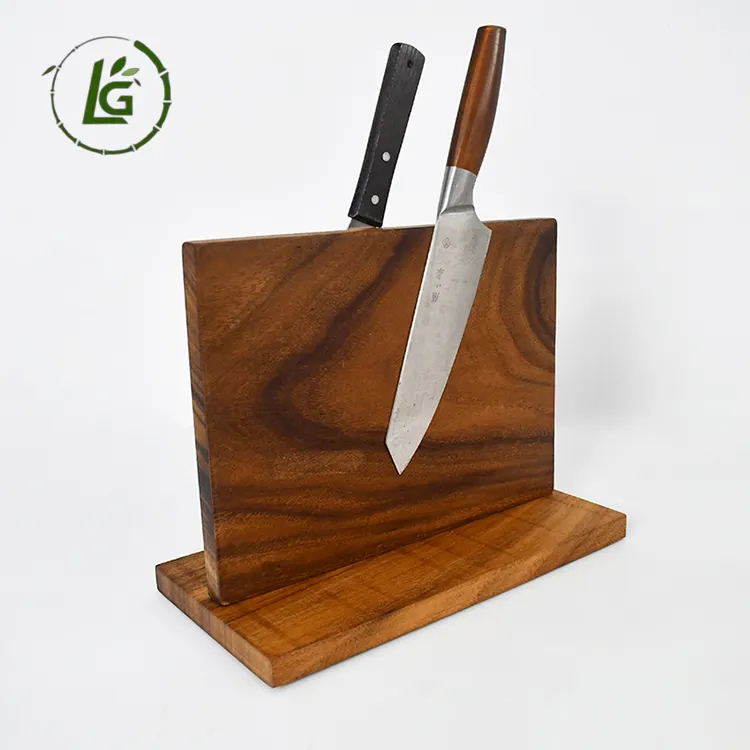 लीजेंड अनुकूलित बबूल की लकड़ी भंडारण ब्लॉक स्टैंड रसोई में उपयोग के लिए दो तरफा चुंबकीय चाकू धारक