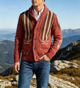 Cárdigan de punto grueso para hombre, estilo suroeste, con cuello chal, paneles a rayas, motivo de águila y punto de semilla, para otoño e invierno - Product Image 1