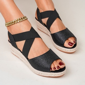 Wedge <b>Sandals</b> Open Toe Glitter <b>Elastic</b> Band Straw Outsole Platform Summer Women's Shoes - Product Image 4