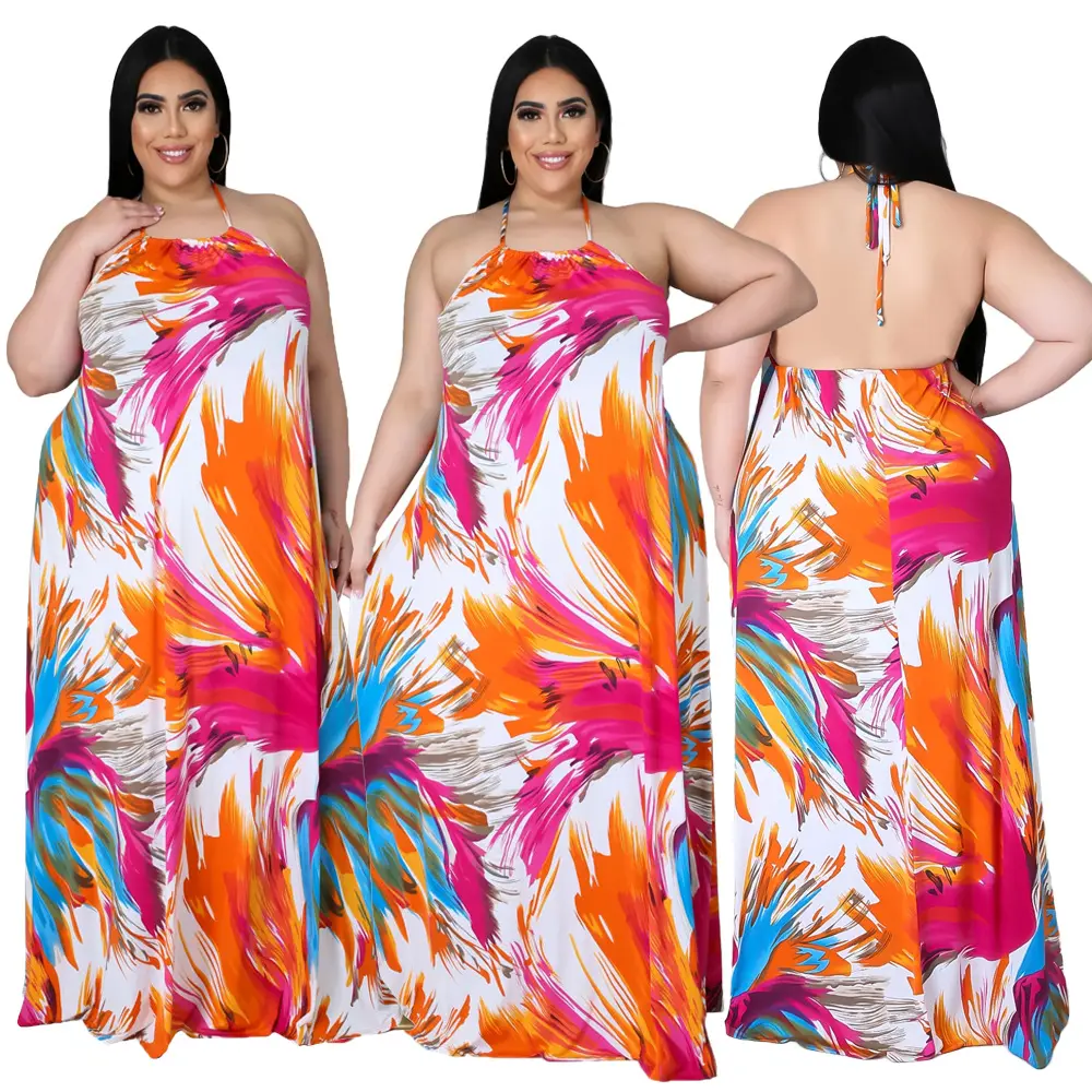 Tallas grandes Ropa de mujer Estampado floral Maxi Vestido dividido africano para adultos Vestidos casuales Playa Opp Bolsa Sin mangas Midi Soporte