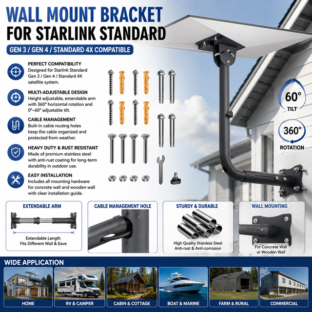 Adjustable Stainless Steel Starlink Gen 3 Gen 4 Wall Mount Extension Pole Bracket Heavy Duty Antenna Mount for House RV Use