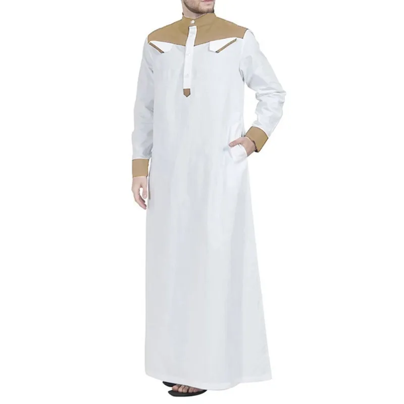 コントラストカラーイスラム教徒のドレス中東ジュバトーブローブ長袖マンダリンネック伝統的なイスラム教徒の服とアクセサリー
