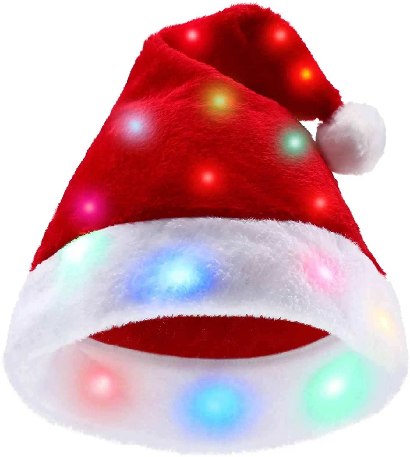 Wholesale New Year Festive Holiday Party Supplies Plush Faux Fur Funny Multi Color LED Lights Up Christmas Santa Hat