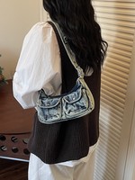 Sac bandoulière Deep Blue Weaving Peaceful Wu pour filles, style rétro américain, pour les trajets quotidiens et les voyages de courte distance, avec fermeture éclair