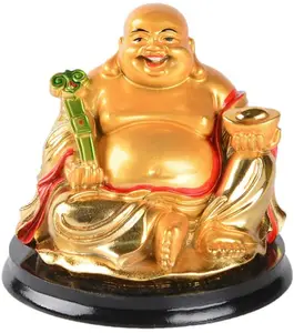 Harz Goldene Laughing Buddha mit Barren Ruyi Statue Feng Shui Reichtum Glück Geschenk Dekoration