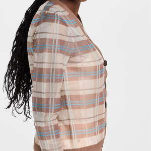 Wholesale <b>Women's</b> Fashion Long Sleeve <b>Cardigan</b> Silk V-Neck <b>Crop</b> Knit Pullover with Plaid Print Casual Style Winter Wear - Product Image 3