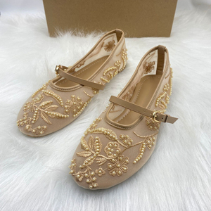 मोती जा लुभावनी वसंत शरद ऋतु गर्मियों में जाली फ्लैट बैले जूते बड़े आकार 42 फैशनेबल आकस्मिक बेज महिलाओं के जूते - Product Image 4