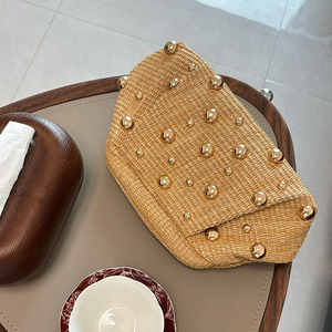 Fashion Women's Woven <b>Straw</b> Handbag Chain Crossbody Shoulder <b>Bag</b> with Rivet Decoration - Product Image 3
