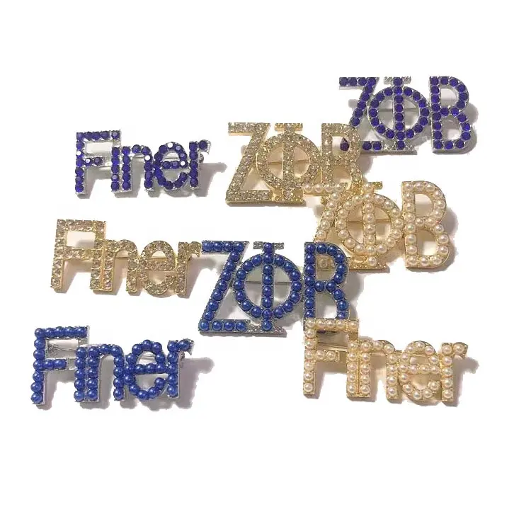 White Blue Rhinestone Crystal FINER pin Greek Letter Sorority Fraternity Zeta Phi Beta Label Pin Brooch