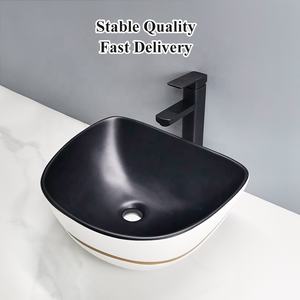 Lavabo de Cerámica Moderno con Diseño en Blanco y Negro con Borde Dorado, Lavabo Artístico para Baño - Product Image 2