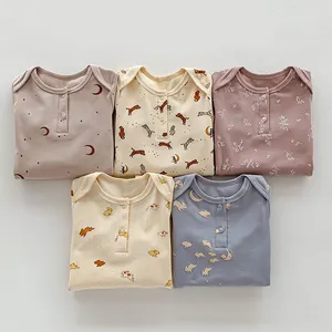 Collants de printemps en coton une pièce pour bébés et bambins, doux et mignon, avec imprimé de lettres, à manches longues pour enfants.