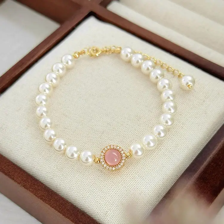 Pulseira de prata esterlina S925 para mulheres, pulseira de pérolas de prata esterlina rosa, joia de luxo simples e de verão, atacado de fábrica