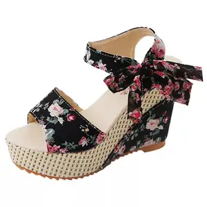 Sandal wedge sol tebal wanita, sepatu hak tinggi renda modis Bohemia Korea musim panas