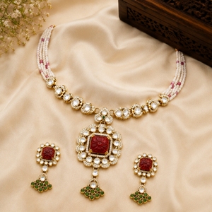 Elegant 925 <b>Silver</b> Necklace and Earrings Set with Red and Green Stones White Beads Traditional Indian Bridal Jewelry - Product Image 5