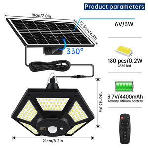 Dual Head 180 <span class=keywords><strong>LED</strong></span> Solar Indoor <span class=keywords><strong>Lights</strong></span> 5 <span class=keywords><strong>Motion</strong></span> <span class=keywords><strong>Sensor</strong></span> Solar Powered Shed Luzes pingente para Barn Gazebo Garagem com controle remoto - Product Image 2