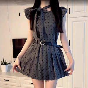 Petite Women Grey Polka Dot Dress Fitted Waist A Line Pleated Skirt Tie Neck Summer Casual Dress Daily Wear - Product Image 2
