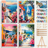 Peintures de paysages marins modernes – Kit de peinture DIY 4 pièces pour adultes – Peinture acrylique imprimée numériquement, pinceaux en bois, chevalet, décoration écologique pour la maison