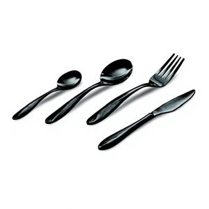 Cuchara de té Cuchara de postre Cuchara Tenedor Cuchillo con cubiertos de acero inoxidable de color negro Logotipo personalizado Juego de vajilla de metal - Product Image 1