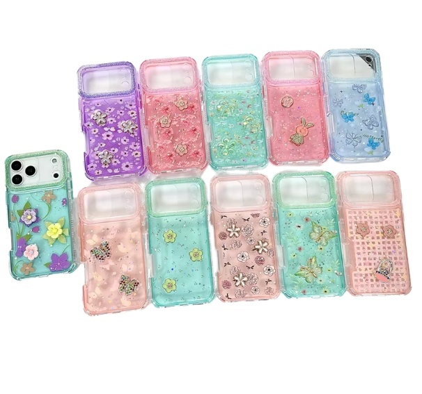 3D Rhinestone Flower Butterfly Epoxy Glitter Phone Case for iPhone 18 17 16 Pro Max Shockproof Clear Fundas Capa Para Celular