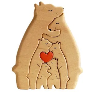 Ornements de décor d'animaux en bois de hêtre miniature ours famille art en bois puzzle en bois artisanat formes