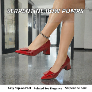 Escarpins pour femmes en cuir verni à bout pointu, talon carré, avec boucle et nœud papillon serpentin, grandes tailles, chaussures habillées à talon haut pour le quotidien - Product Image 2