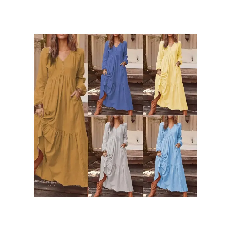 Big Hem Long Skirt Multi-color Retro Long Sleeve Dress American Style Button Cotton Linen Full Women Casual Dress