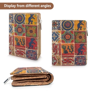 Women Short Cork Custom Vegan <b>Wallet</b> <b>RFID</b> <b>Blocking</b> Bifold Zipper Coin Pocket Card Holder with Polyester Lining - Product Image 5