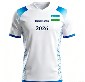 Maglietta Uzbekistan 2026 Bianca con Collo a V, Maglia da Calcio con Bandiera Nazionale Uzbeka per Tifosi - Product Image 1