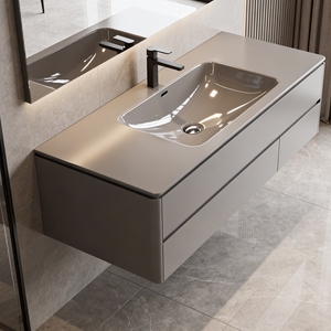 Meuble-lavabo mural gris minimaliste moderne avec <span class=keywords><strong>plan</strong></span> <span class=keywords><strong>de</strong></span> travail en pierre frittée pour villa et appartement - Product Image 2