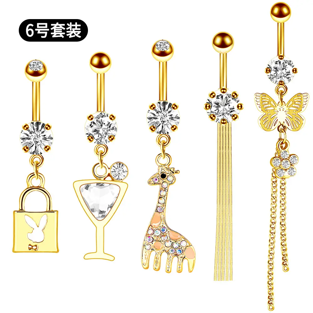 5pcs/set 316l Stainless Steel Dangle Belly Button Ring Navel Ring Jewelry Clear Zircon Inlay Body Piercing Jewelry For Women