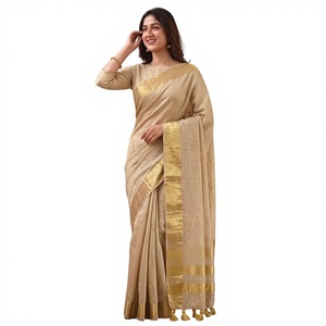 Sari en tissu de lin doré avec pièce de tissu pour la blouse, pour femmes, tenue traditionnelle indienne pour mariage - Product Image 1