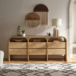 Commode à 6 tiroirs en bois naturel de style mi-siècle, commode en bois massif avec <span class=keywords><strong>patchwork</strong></span> et pieds coniques en bois pour chambre à coucher - Product Image 1