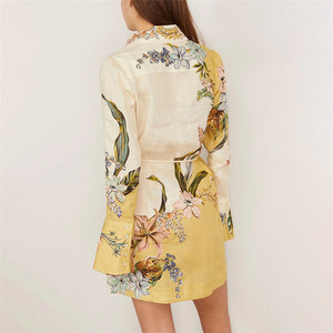 <span class=keywords><strong>Été</strong></span> Nouveau <span class=keywords><strong>Bohème</strong></span> Retro Print Mini Jupe <span class=keywords><strong>Robe</strong></span> Femmes Lapel Manches Longues Tie-Waist Button Dress - Product Image 3