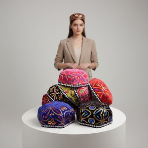 Cappello da ballo etnico <span class=keywords><strong>a</strong></span> sei punte con trecce, stile cielo stellato, senza visiera, unisex, ispirato agli Uyghur del Xinjiang - Product Image 1