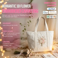 Bolsa de Lona Romántica con Flores Bordadas en 3D, Delicado Adorno de Encaje, Bolsa de Regalo Bohemia para Bodas, Reutilizable, de Tela Suave