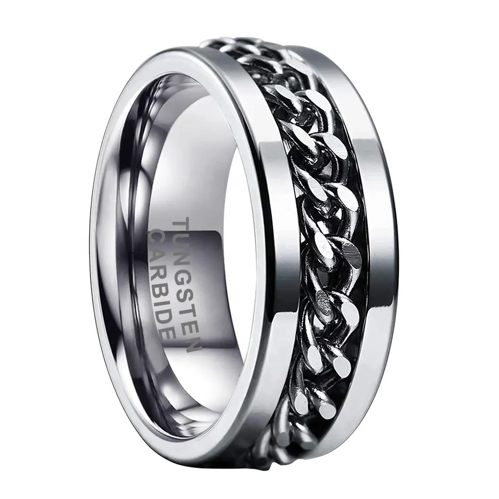 Coolstyle Jewelry 8mm Tungsten Spinner Anxiety Release Ring Men Women Steel Chain Inlay Fashion Engagement Wedding Band