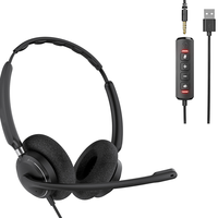 OPPTEL Headset Berkabel Headphone Stereo On-Ear Mikrofon Peredam Kebisingan Aktif Kontrol In-Line USB untuk PC/Mac/Laptop-Hitam