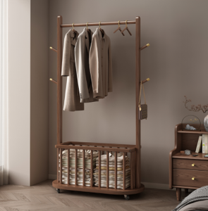 Porte-manteau moderne en bois massif avec crochets et panier de rangement, meuble d'entrée polyvalent sur pied pour salon et chambre - Product Image 4