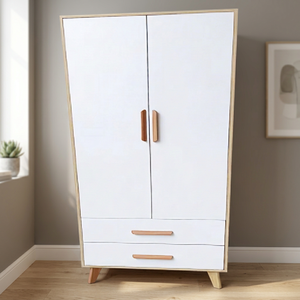 Modern Wardrobe With White Doors And Wooden Frame 2 Drawers Freestanding Bedroom <b>Storage</b> <b>Cabinet</b> Scandinavian Design - Product Image 4