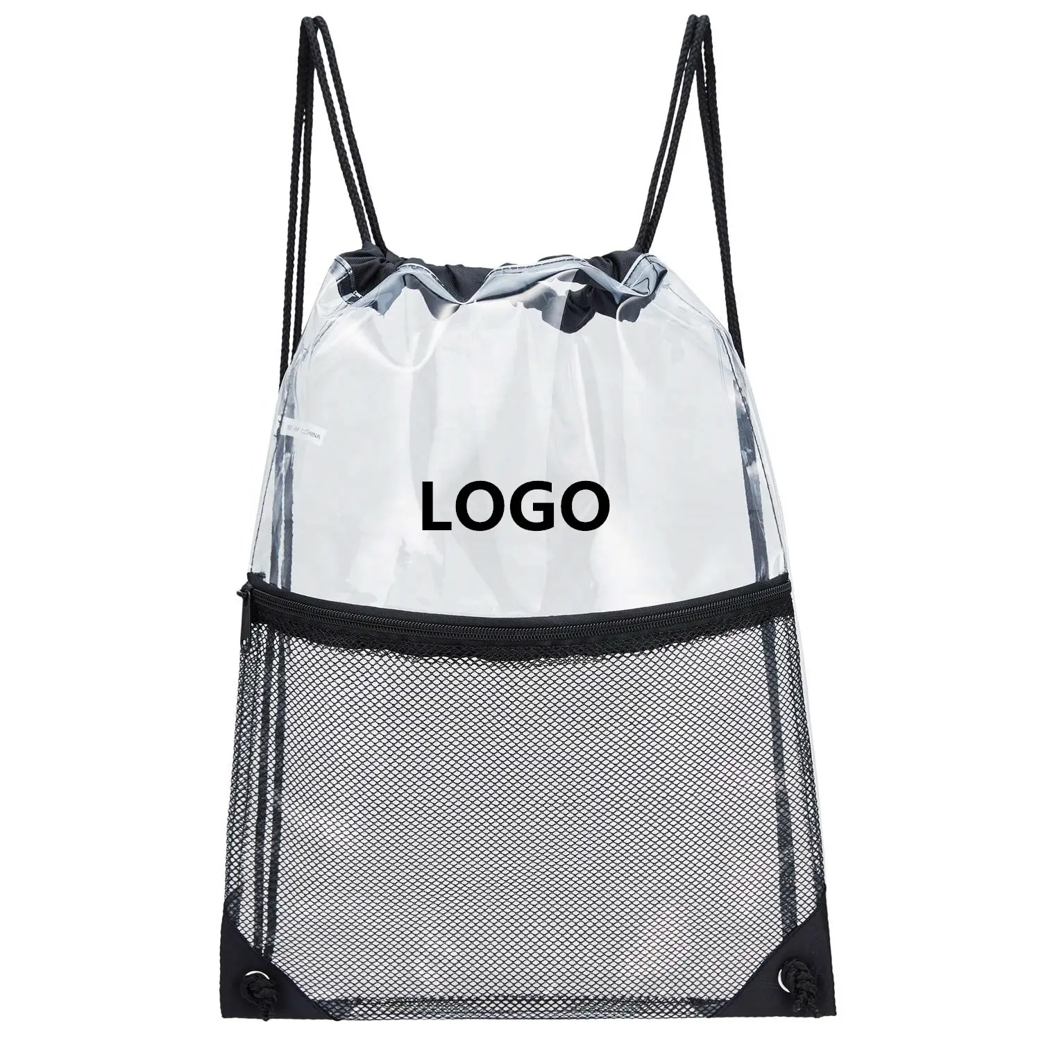 2023 sac à cordon transparent pour la gym en gros logo personnalisé étanche sac à dos à cordon en PVC transparent avec poche en maille à fermeture éclair avant