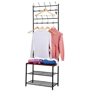 Vintage furniture Stainless steel coat hook rack coat rack free standing wooden clothes tree with shoe storage coat hanger