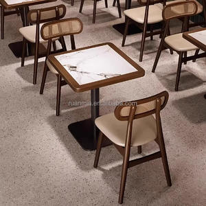 Lujoso marco de madera maciza cabina sofá Silla de ratán PU Borde de cuero mármol Mesa restaurante café Hotel muebles conjunto - Product Image 3