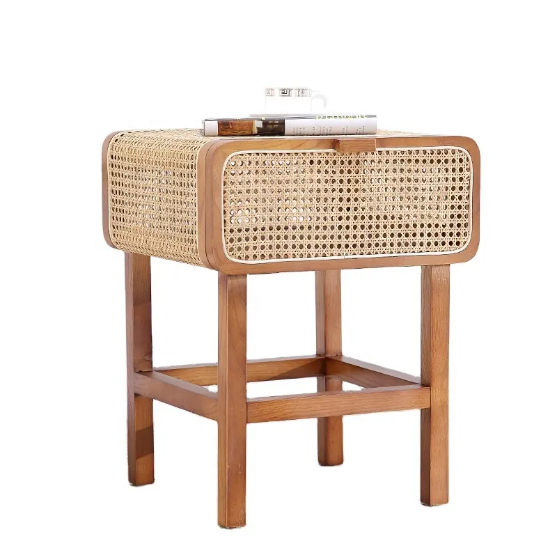 Natural Rattan Cane Wood Bedside Night Table