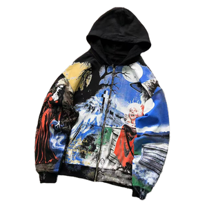 Sweat à capuche unisexe imprimé numérique intégral effet vieilli 100% coton, motif anime graffiti <span class=keywords><strong>tapisserie</strong></span>, coupe oversize, avec logo personnalisé, fermeture éclair, style streetwear - Product Image 1